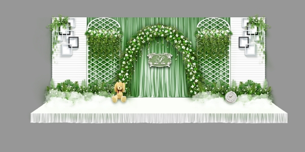 小清新白绿色森系婚礼背景墙效果图