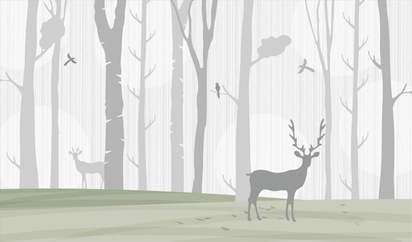 水墨画树林鹿背景墙图片