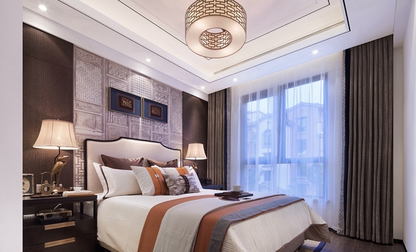 现代时尚卧室浅褐色窗帘室内装修效果图