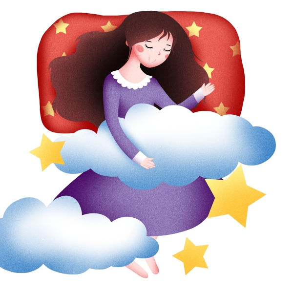 抱着云朵睡觉的女孩插画