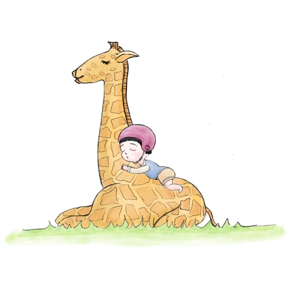 童真梦幻主题马卡龙色系治愈抱着长颈鹿做梦的小男孩