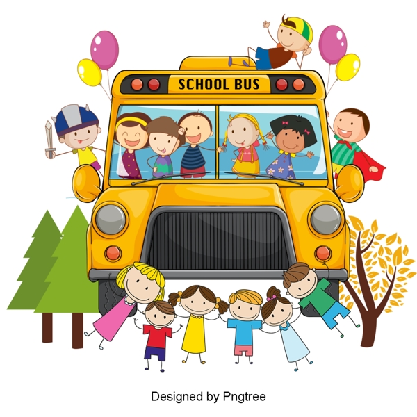漂亮酷卡通可爱的学生坐校车上学