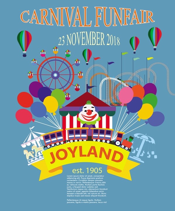 嘉年华游乐场海报和小丑气球插图