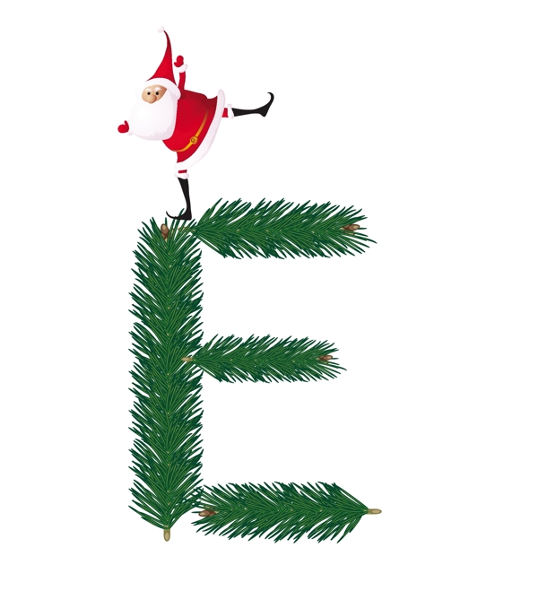 圣诞装饰杉树的ABC字母E矢量与有趣的圣诞老人