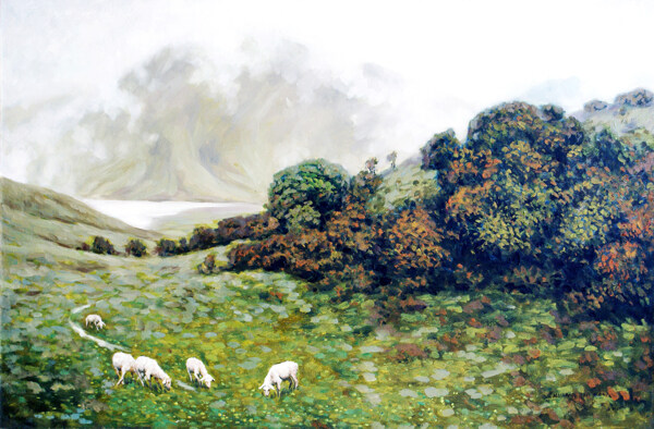 吃草的羊群风景油画图片