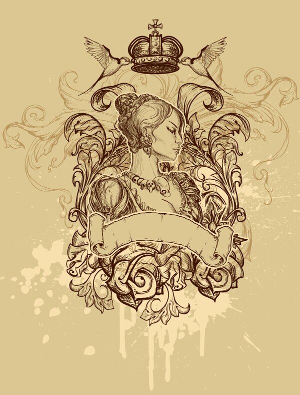 皇冠美女插画印花图案
