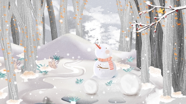 手绘冬季树林雪人背景设计