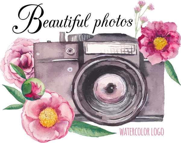 水彩绘相机和花朵插画