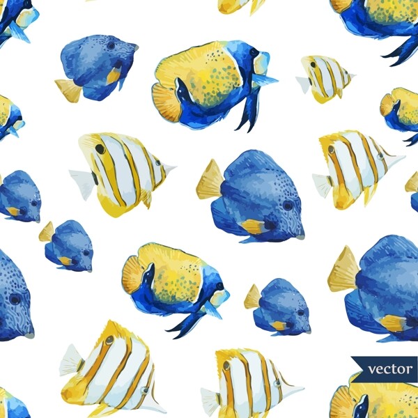 蓝色小鱼水彩夏日海洋动物元素