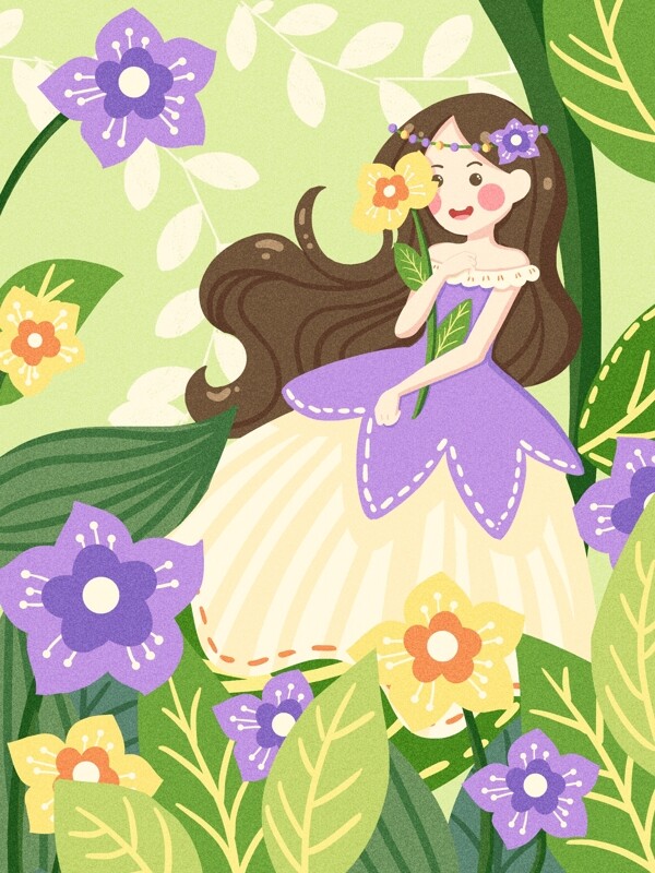 花束女孩之花丛中的温柔小女孩