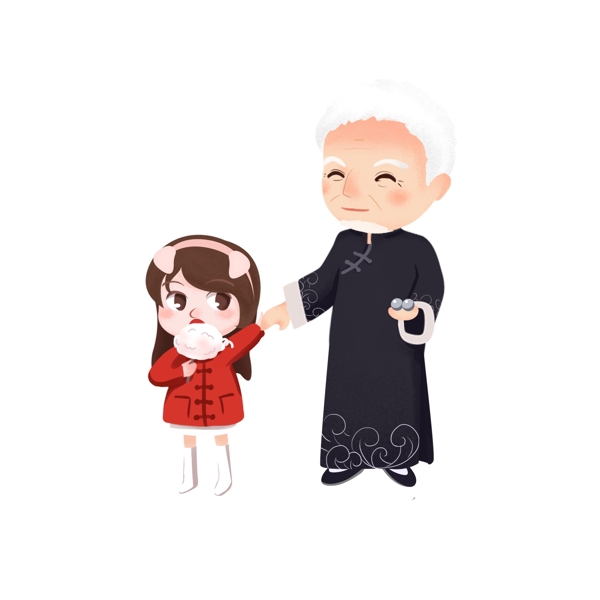 中国风老爷爷和吃棉花糖的孙女