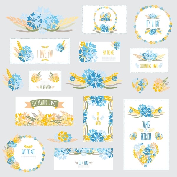 蓝黄植物花朵婚礼卡片模板下载