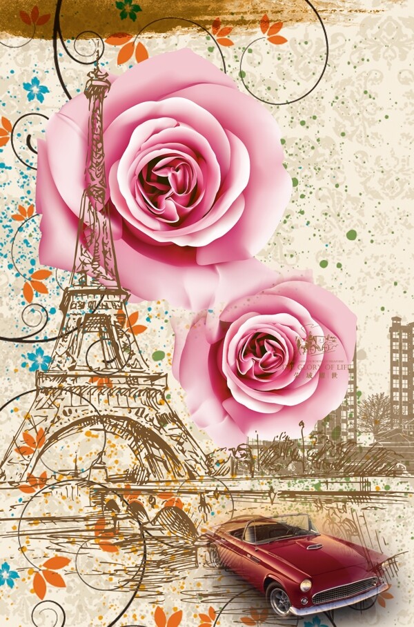 玫瑰花与埃菲尔铁塔图片