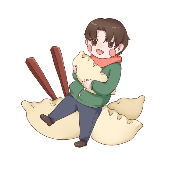 手绘卡通可爱男孩抱着饺子