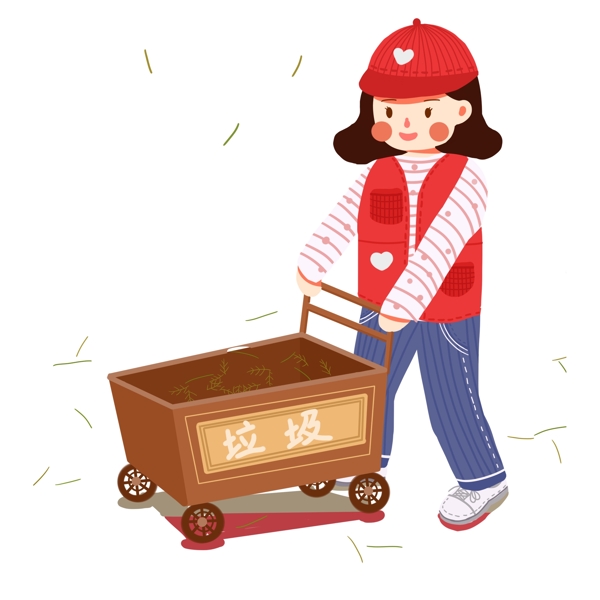 卡通手绘推着垃圾车的志愿者女孩
