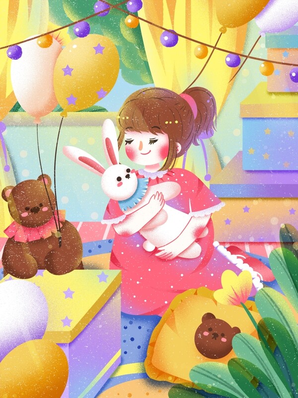 儿童节礼物气球玩偶温馨快乐卡通插画海报