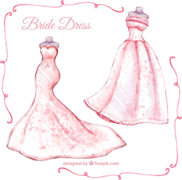 2款水彩绘粉色新娘婚纱矢量素材
