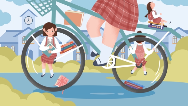 原创手绘插画校园生活自行车上的女孩