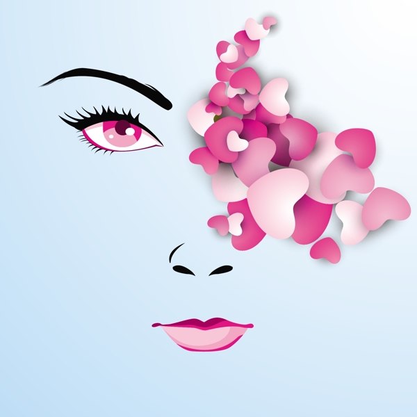 三八妇女节贺卡或海报与美丽的插图的粉红色的心在蓝色背景的女孩设计