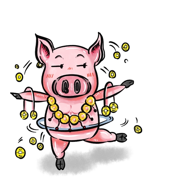 猪年卡通手绘插画风粉色摇钱猪猪