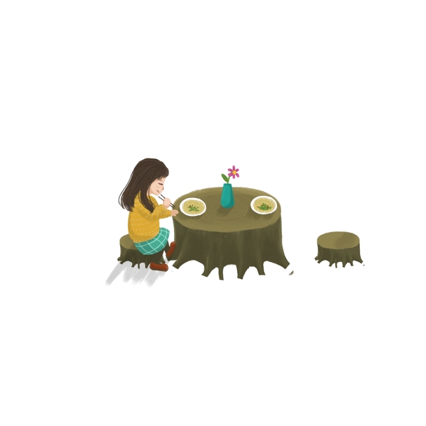 卡通可爱坐在树桩上吃早餐的女孩