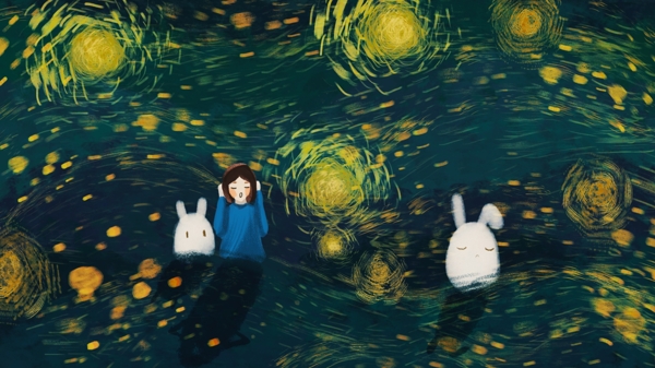 星空下的呐喊女孩与兔子手绘插画