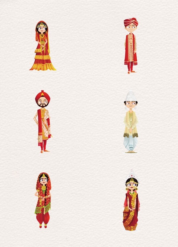 卡通手绘6个印度新郎新娘形象设计