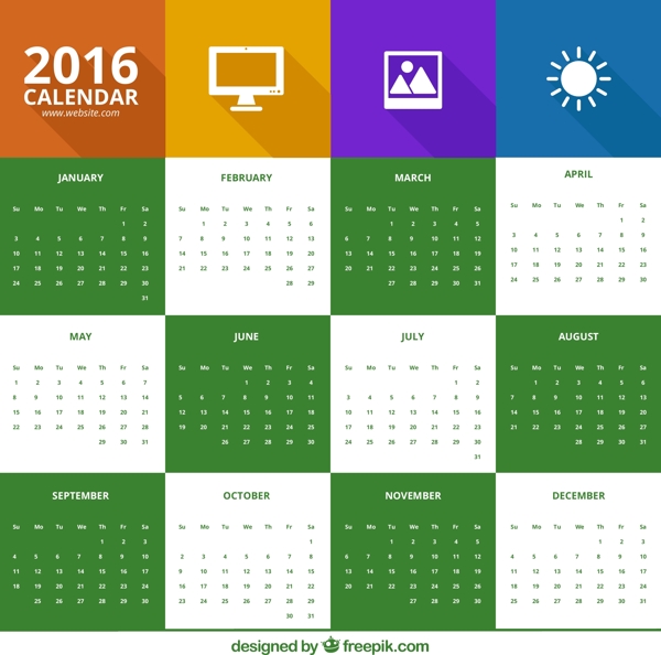 彩色扁平化2016年日历矢量素材
