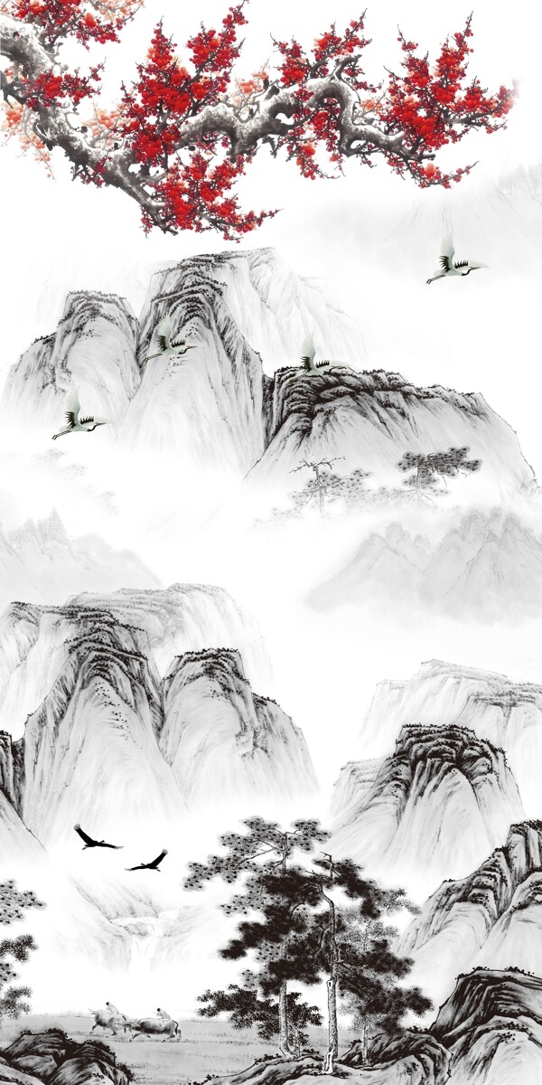 中式水墨山水江山如画玄关装饰画