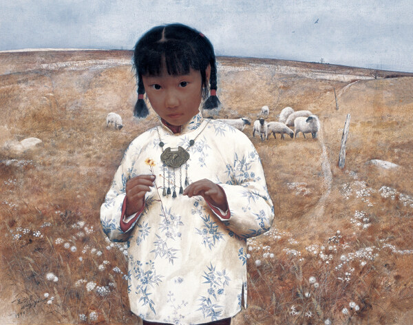 放羊的女孩油画肖像图片