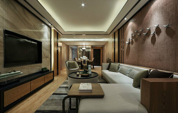 现代时尚客厅褐色花纹背景墙室内装修效果图