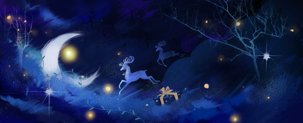 月亮小鹿奔跑插画卡通背景素材图片