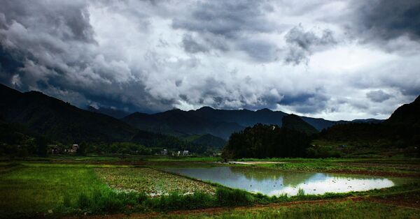 阴雨江南鱼塘图片