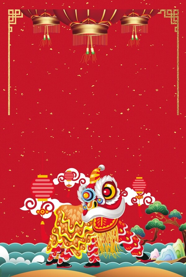 舞狮新年喜庆红色广告背景图