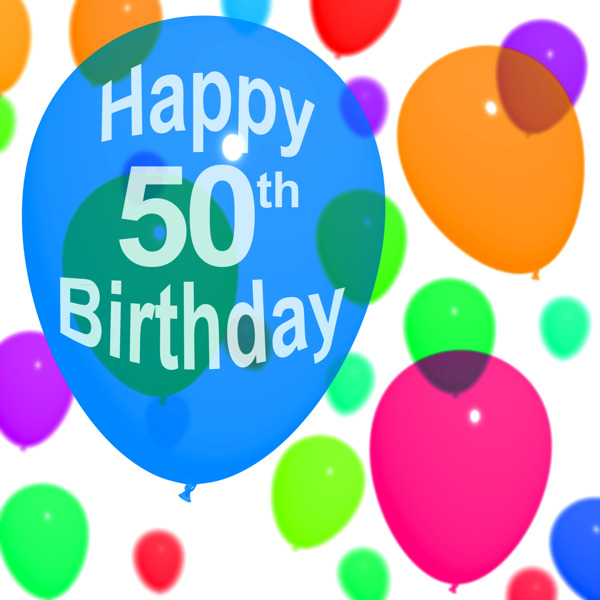 五彩的气球为庆祝一个第五十或第五十岁生日