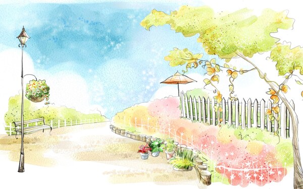 韩风手绘水彩插画街景路边公园