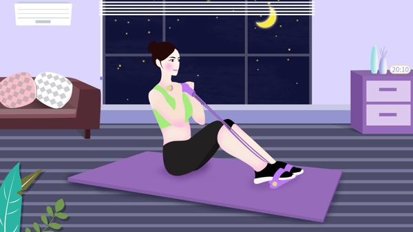 运动健身瑜伽拉力器减肥健身原创插画