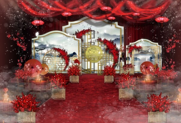 古典红色水墨素雅婚礼舞台效果图
