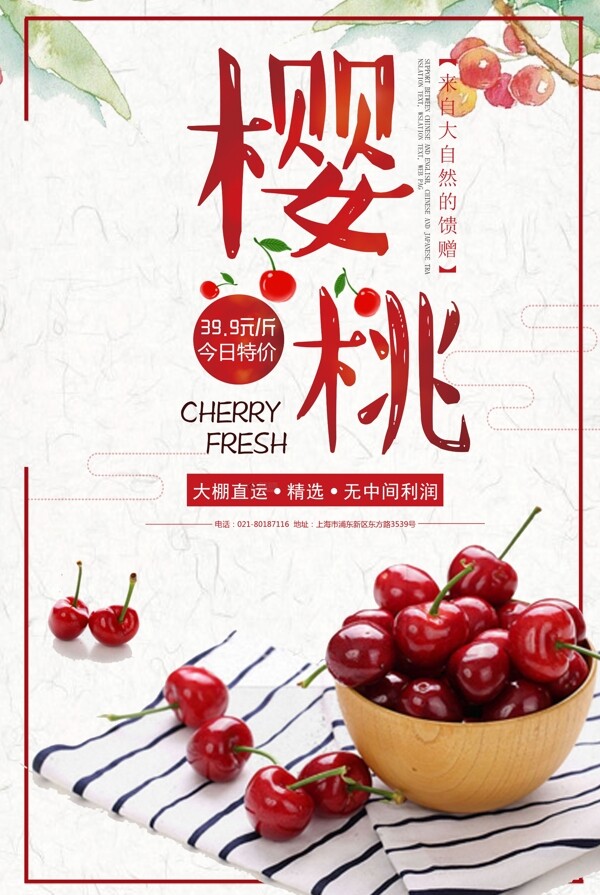 简约清新樱桃夏季水果海报