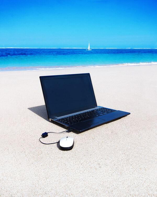 沙滩上的笔记本电脑图片