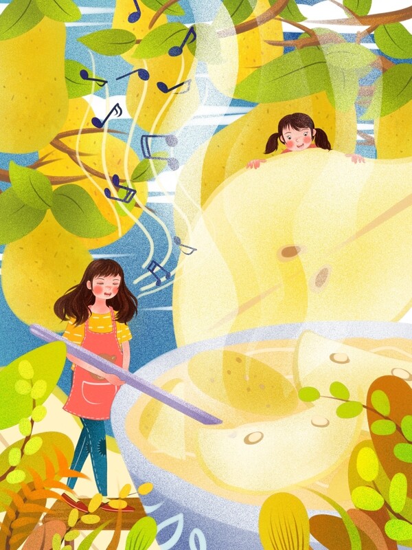 创意水果梨子与熬梨汁的女孩清新插画