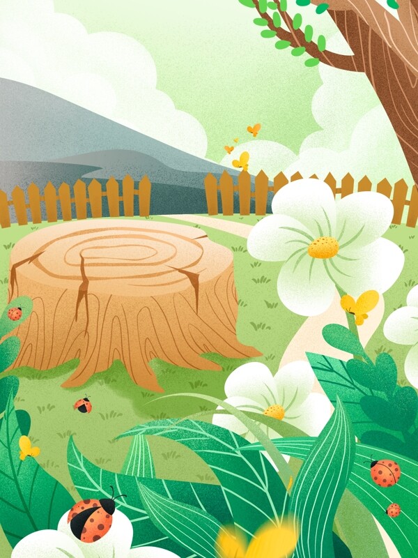 手绘春季树桩花朵背景设计