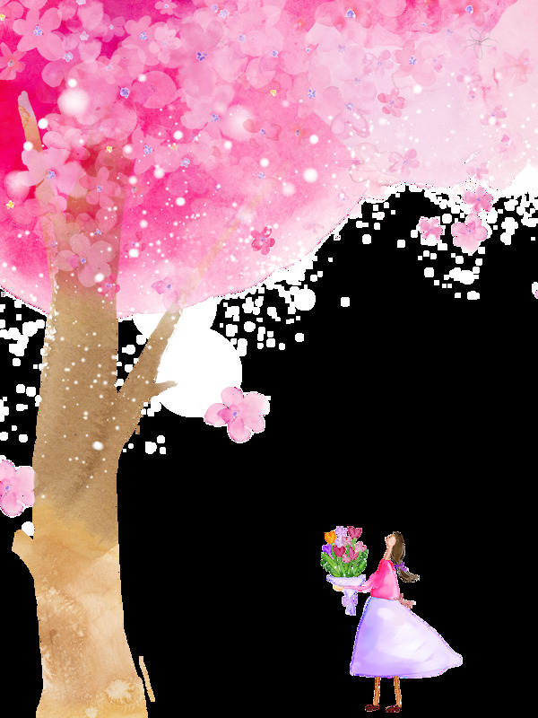 樱花树下的女孩透明装饰素材