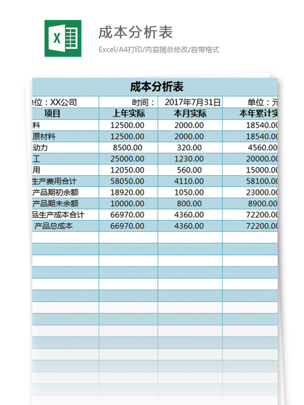 成本分析表excel模板表格