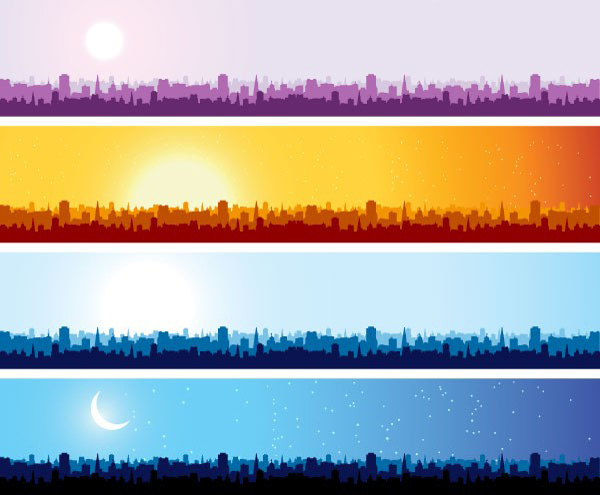 几款不同色调的城市剪影banner矢量