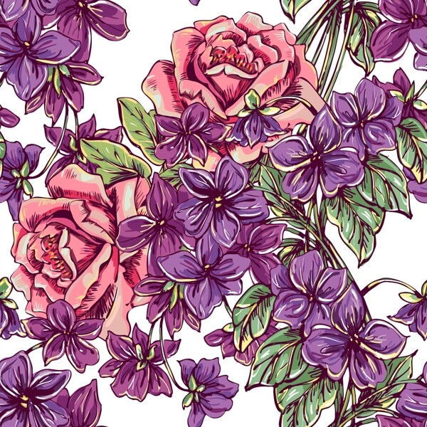 手绘紫色复古花朵插画