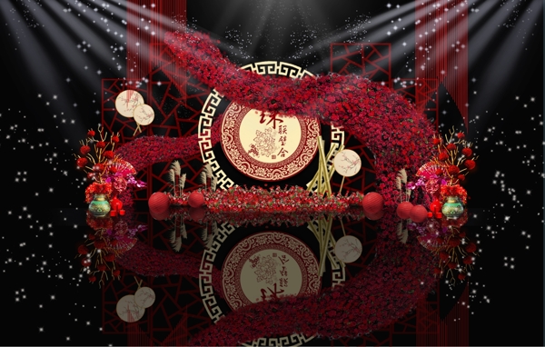 红色中国风中式婚礼迎宾区效果图