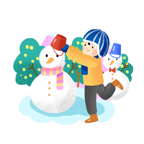 大寒人物和雪人插画