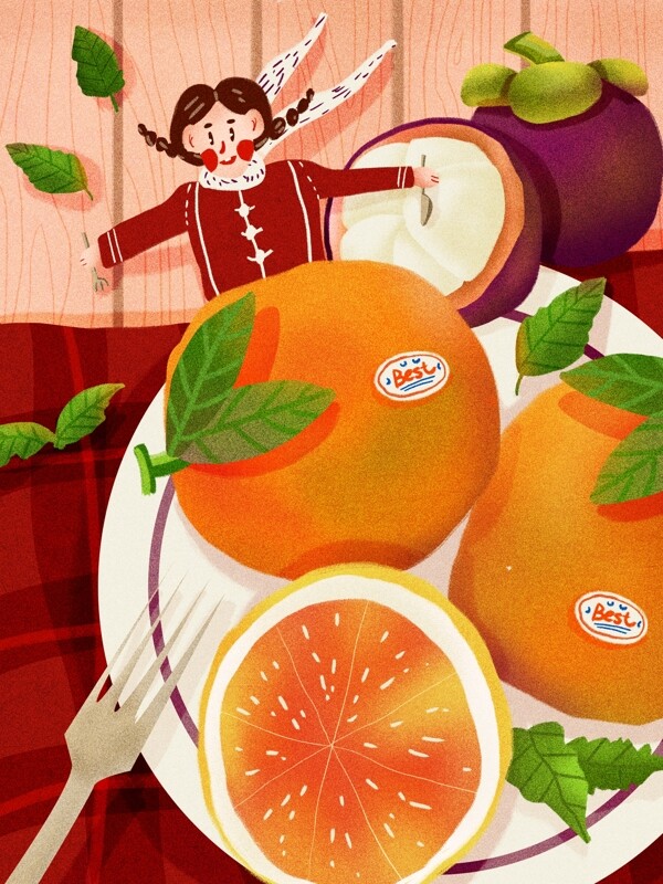创意水果橙子山竹女孩肌理叉子吃水果噪点