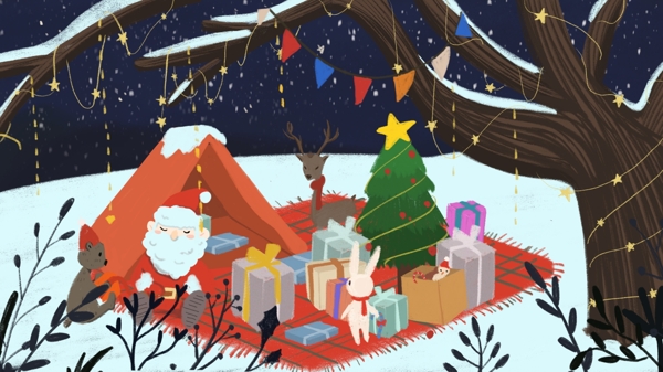圣诞节圣诞老人给森林小动物们的礼物夜晚